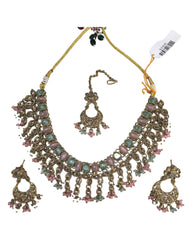 Mint / Pink - Medium - Antique Gold Finish Necklace Set with Earrings - RAK185 Cp 0724