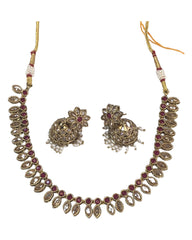 Magenta - Small - Antique Gold Finish Necklace Set with Earrings - AE2402 C 0724