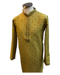 Mehndi Yellow - Brocade -  Mens Indian Kurta set - Weddings / Walimas , Sangeet, Eid, Mehndi / Henna - NAD2510 01KR25