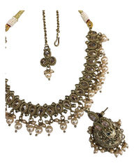 Gold - Medium - Antique Gold Finish Necklace Set with Earrings - DAJ540 H 0724