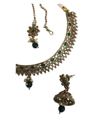 Green - Small - Antique Gold Finish Necklace Set with Earrings - DAJ298 C 0724