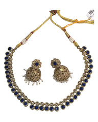 Navy Blue - Small - Antique Gold Finish Necklace Set with Earrings - AE2403 C 0724