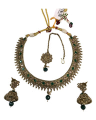 Green - Medium - Antique Gold Finish Necklace Set with Earrings - DAJ531 KY 0724