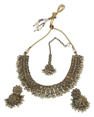 Pearl / Gold /. Neutral - Medium Size Antique Gold Finish Necklace Set with Earrings - PRI1786  11H24