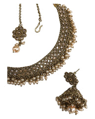 Gold / Neutral - Medium - Antique Gold Finish Necklace Set with Earrings - DAJ471 KY 0724