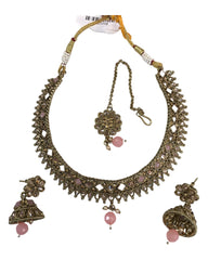 Pink - Medium - Antique Gold Finish Necklace Set with Earrings - DAJ531 KY 0724