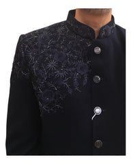 Navy Blue - PREMIUM Mens Self Brocade BandhGala / Prince / Chinese Collar Jacket with Hand Embroidery - Fantastic Fit - CS2507 03AY25