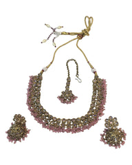 Pink - Medium Size Antique Gold Finish Necklace Set with Earrings - PRI1785  11H24