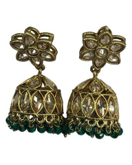 Green - Small - Antique Finish Traditional Zhumki Earrings - Bollywood - Weddings - SV2406 J 0724