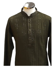 Henna Mehndi Green - Rich Sequins Lucknowi Chiffon Mens Indian Kurta Set with Smart Pants - Weddings / Walimas , Sangeet, Eid, Mehndi / Henna - SHU2501 KC 0325