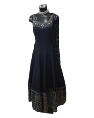 Cotton / Silky Dark Navy Anarakali  Long Dress with Grey Embroidery - Size 12 (Bust 38