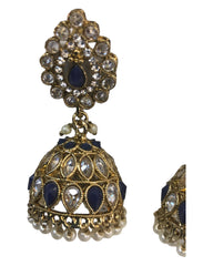 Navy Blue - Large - Antique Gold Finish Traditional Zhumki Earrings - Bollywood - Weddings - LX6389 P 0724