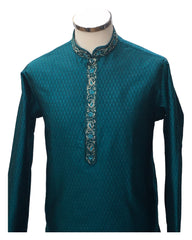 Turquoise - Handloom Self Brocade Mens Indian Kurta set - Weddings / Walimas , Sangeet, Eid, Mehndi / Henna - KCS2405 08KP24