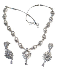 Clear - American Diamond Style Silver Finish Small Size Necklace Set with Earrings - AE2421 11R24