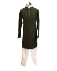 Henna Mehndi Green - Rich Sequins Lucknowi Chiffon Mens Indian Kurta Set with Smart Pants - Weddings / Walimas , Sangeet, Eid, Mehndi / Henna - SHU2501 KC 0325