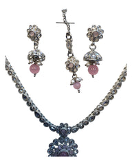 Pink - Small Size Silver Finish Necklace Set with Earrings & Head Piece /Tika- SLV79  11A24