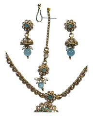 Light Blue - Small Size Antique Gold Finish Necklace Set with Earrings & Head Piece /Tika- SLV79  11A24