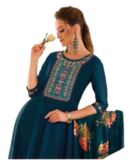 Teal - Simple / Classy Ladies Indian Trousers Suit with Printed Dupatta - Size 12 (38