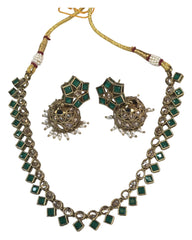 Green - Small - Antique Gold Finish Necklace Set with Earrings - AE2405 C 0724