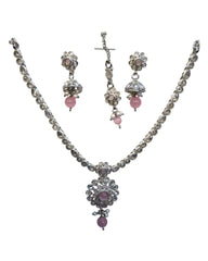 Pink - Small Size Silver Finish Necklace Set with Earrings & Head Piece /Tika- SLV79  11A24