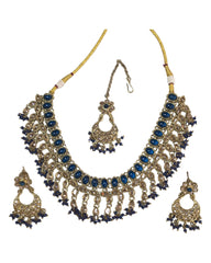 Blue - Medium - Antique Gold Finish Necklace Set with Earrings - RAK185 Cp 0724