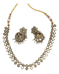 Mint / Pink - Small - Antique Gold Finish Necklace Set with Earrings - AE2405 C 0724