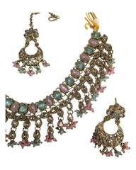 Mint / Pink - Medium - Antique Gold Finish Necklace Set with Earrings - RAK185 Cp 0724