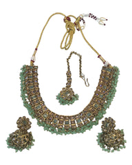 Mint Green - Medium Size Antique Gold Finish Necklace Set with Earrings - PRI1786  11H24