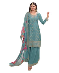 Light Blue - Simple / Classy Ladies Indian Palazzo Trousers Suit with Printed Dupatta - Size 20 (46