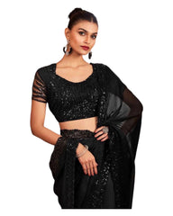 Black- Chiffon Saree with Fancy Ready made Blouse - SRV7910  PY 0624