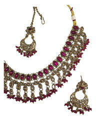 Fuchsia - Medium - Antique Gold Finish Necklace Set with Earrings - RAK185 Cp 0724