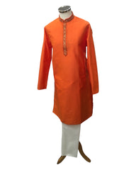 Orange - Handloom Self Brocade Mens Indian Kurta set - Weddings / Walimas , Sangeet, Eid, Mehndi / Henna - KCS2405 08KP24