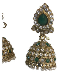 Green - Large - Antique Gold Finish Traditional Zhumki Earrings - Bollywood - Weddings - LX6389 P 0724