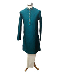 Turquoise - Handloom Self Brocade Mens Indian Kurta set - Weddings / Walimas , Sangeet, Eid, Mehndi / Henna - KCS2405 08KP24