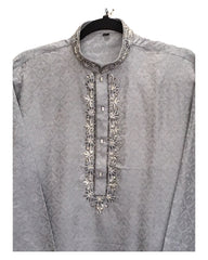 Light Grey / Silver - Rich Crepe Brocade Mens Indian Kurta set - Weddings / Walimas , Sangeet, Eid, Mehndi / Henna - KCS1033 06TT24