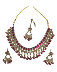 Fuchsia - Medium - Antique Gold Finish Necklace Set with Earrings - RAK185 Cp 0724