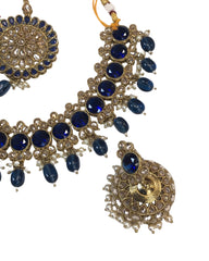 Blue - Large Size Antique Gold Finish Necklace Set with Earrings - SV2405  KJ 0424