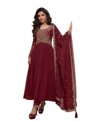 Chiffon - Maroon Anarakali  Long Dress with Trousers - Size 10 (Bust 36