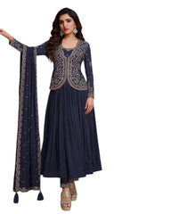 Chiffon - Navy Blue Anarakali  Long Dress with Trousers - Size 12 (Bust 38