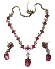 Magenta - Medium - Antique Gold Finish Necklace Set with Earrings - AE2407 A 0724