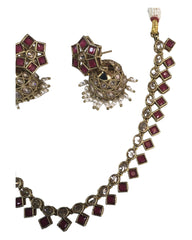 Red - Small - Antique Gold Finish Necklace Set with Earrings - AE2405 C 0724