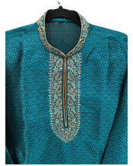 Turquoise - Banarasi Handloom Brocade Mens Indian Kurta set - Weddings / Walimas , Sangeet, Eid, Mehndi / Henna - KCS1028 06KC24