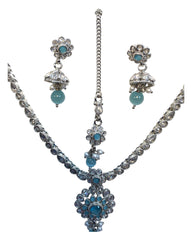 Light Blue - Small Size Silver Finish Necklace Set with Earrings & Head Piece /Tika- SLV79  11A24