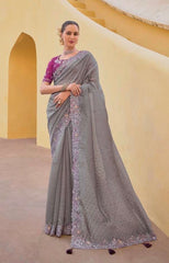 Grey - Chiffon Saree with Fancy Ready made Blouse - TAT6908 TC 0624