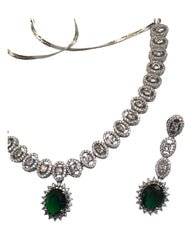 Green - Medium - Silver Finish Necklace Set with Earrings - AE2408 A 0724