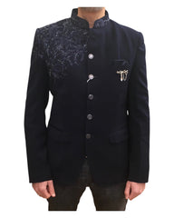 Navy Blue - PREMIUM Mens Self Brocade BandhGala / Prince / Chinese Collar Jacket with Hand Embroidery - Fantastic Fit - CS2507 03AY25