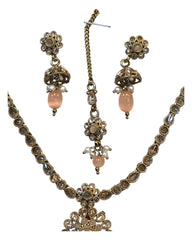 Peach - Small Size Antique Gold Finish Necklace Set with Earrings & Head Piece /Tika- SLV79  11A24