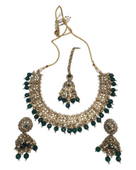 Green - Large Size Antique Gold Finish Necklace Set with Earrings - JIG49  11H24