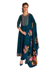 Teal - Simple / Classy Ladies Indian Trousers Suit with Printed Dupatta - Size 12 (38