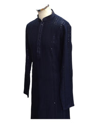 Navy Blue - Rich Sequins Lucknowi Chiffon Mens Indian Kurta Set with Smart Pants - Weddings / Walimas , Sangeet, Eid, Mehndi / Henna - SHU2501 KC 0325